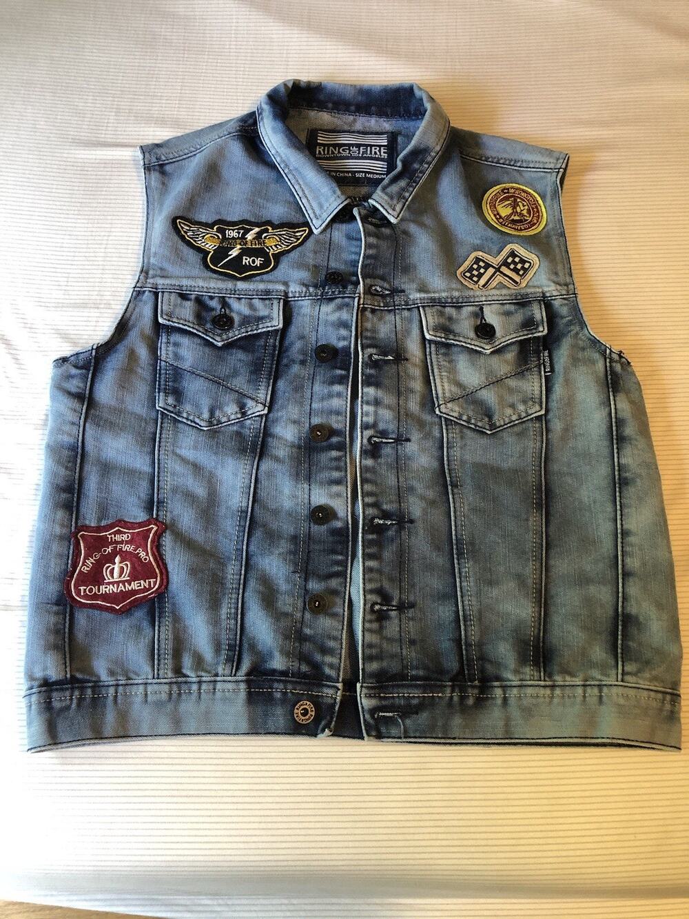 Ring of Fire Denim Vest Men’s M Patched Distressed Biker Motorcycle Trucker Blue